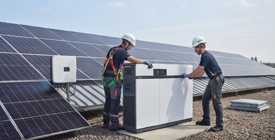 Techniciens EES installant une batterie de stockage et un onduleur sur une toiture solaire